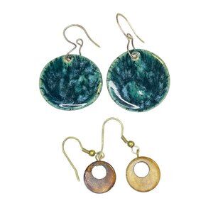 Handmade Two Pairs Ceramic and Ox Bone Round Earrings Artisan Green Blue Brown